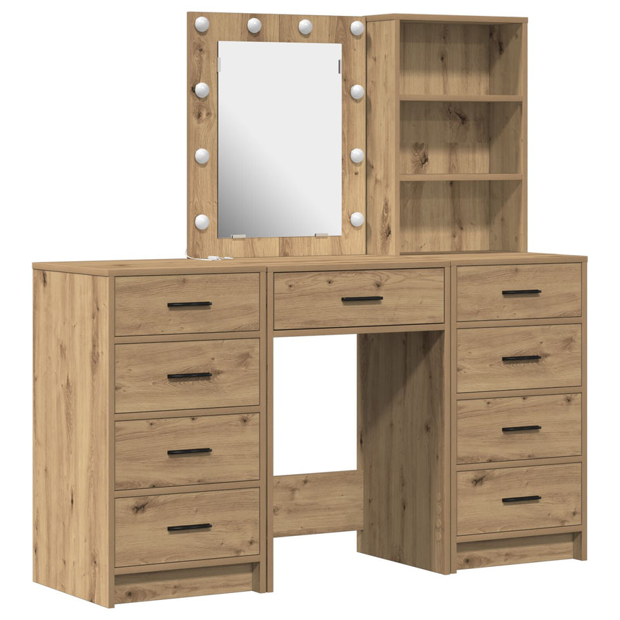 3-Delige Kaptafel Set Met Led In Artisan Eiken Bewerkt Hout