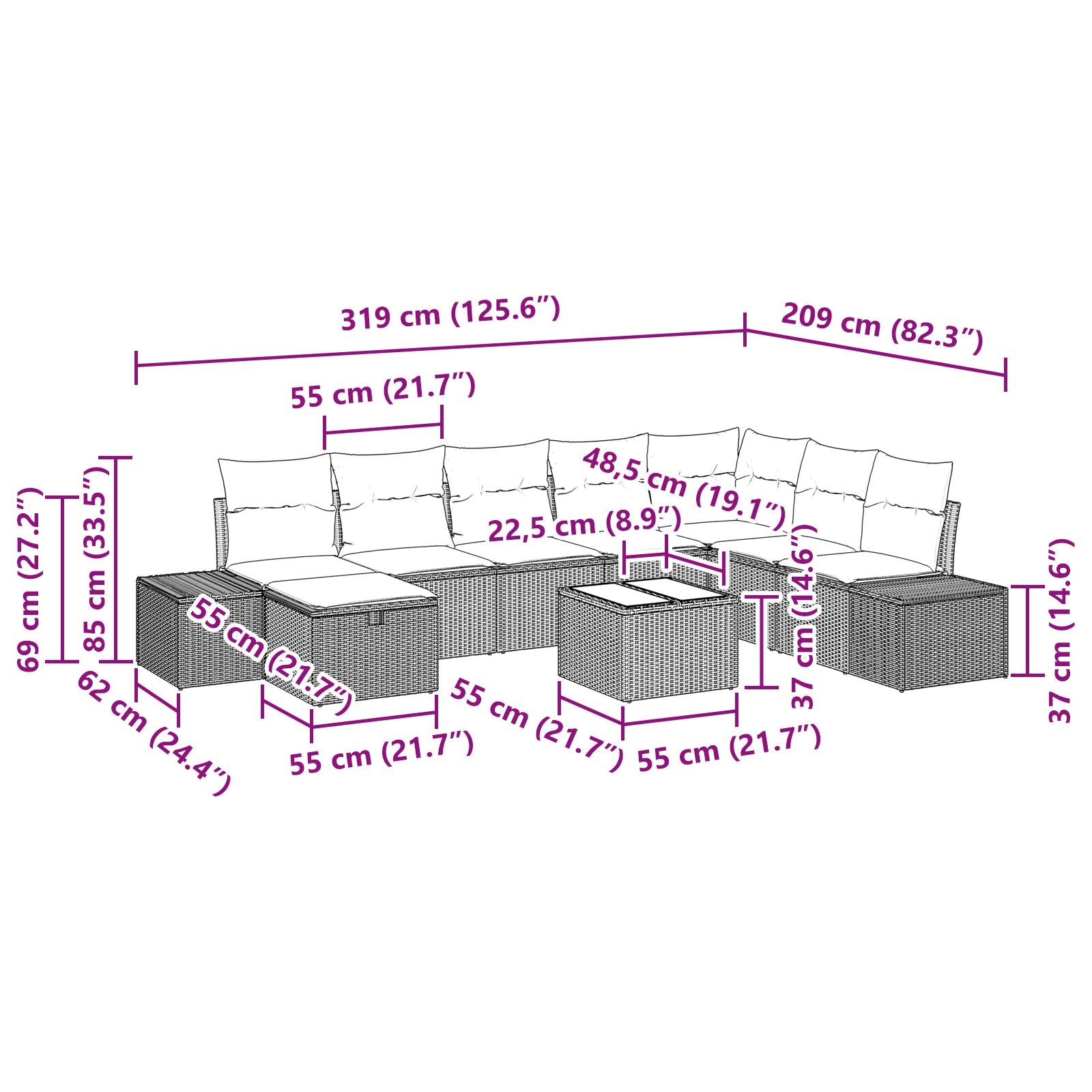 9-Delige Tuin Sofa Set Met Kussens Zwart Poly Rattan