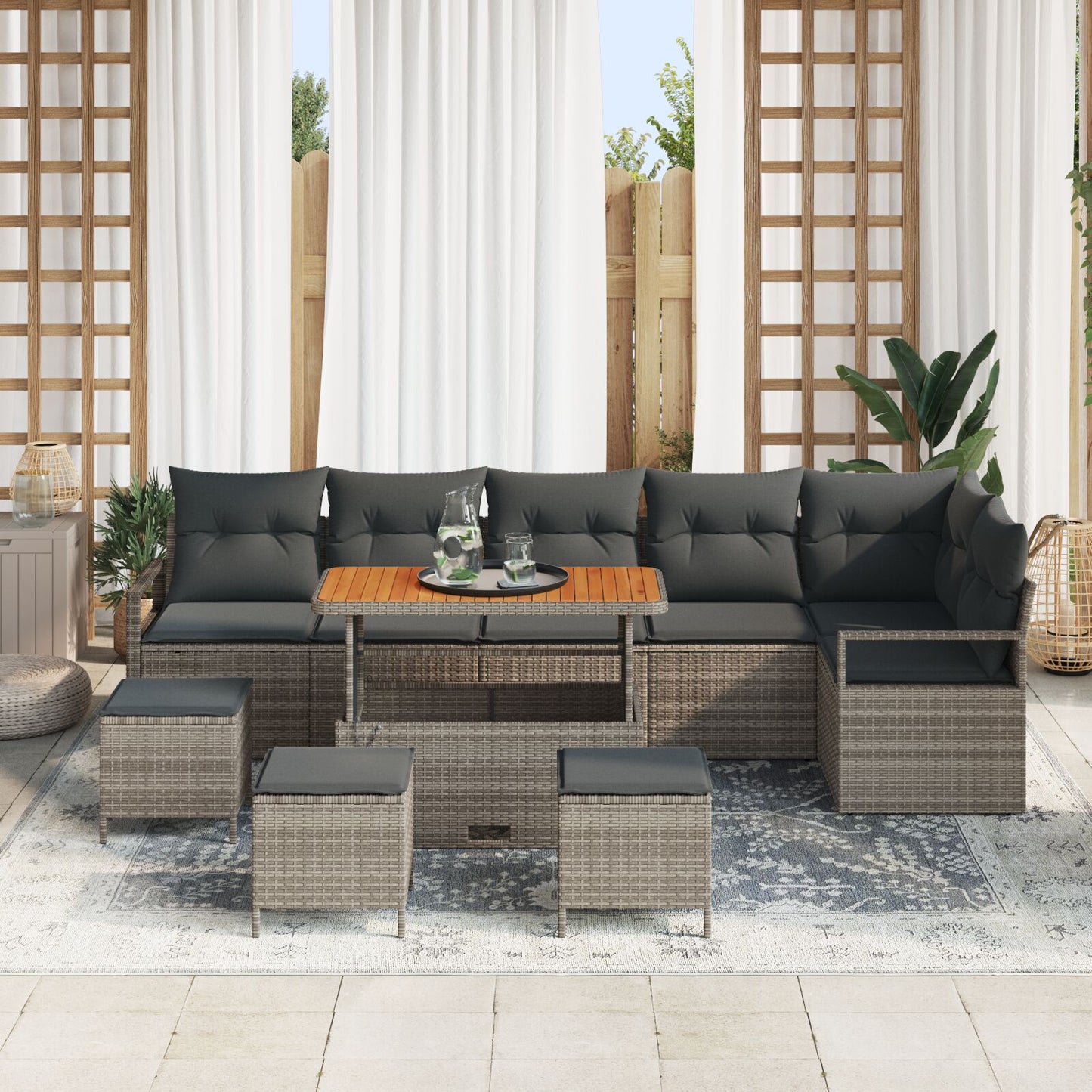 10-Delige Tuin Sofa Set Met Kussens Grijs Poly Rattan Acacia, 2-Zits Tuin Sofa Met Opslag & Kussens Grijs Poly Rattan, 4-Delige Tuin Eettafel Set Met Kussens Grijs Poly Rattan Acacia Wit