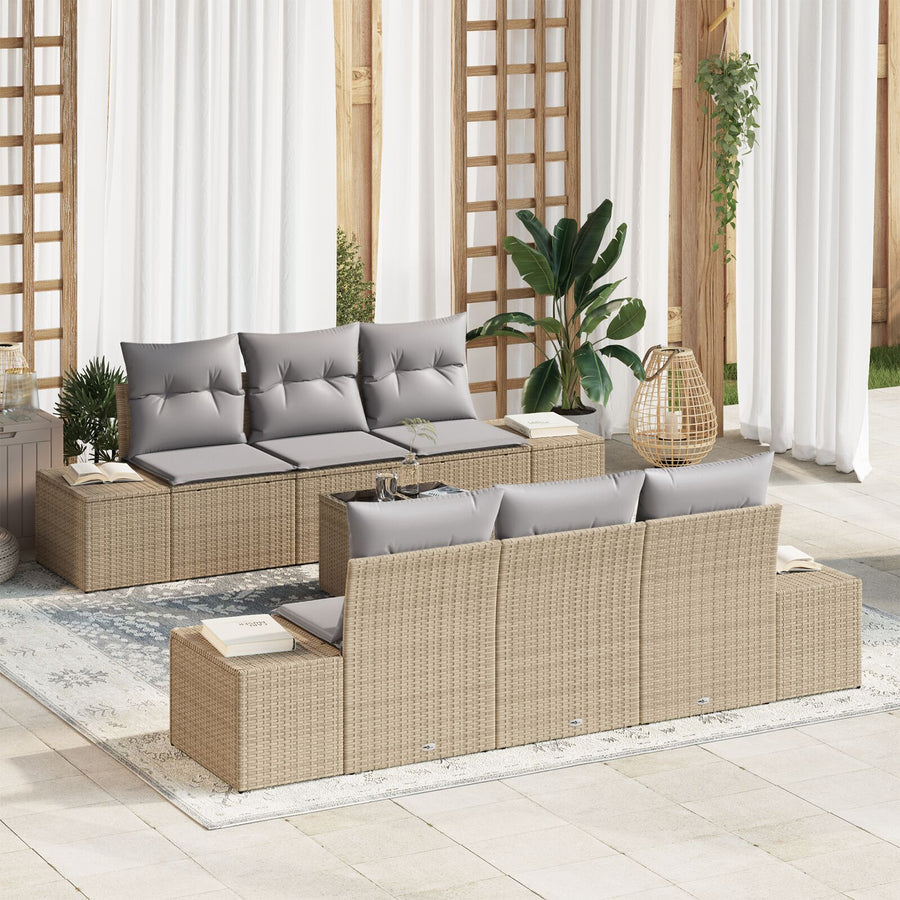 Tuin Sofa Set 7 Stukken Beige En Lichtgrijs Rattan, Polyester