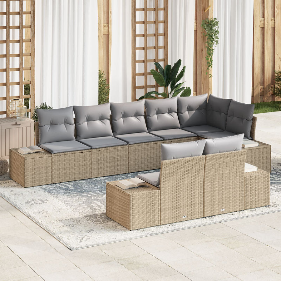 8-Delige Tuin Sofa Set Met Kussens Poly Rattan Beige en grijs zonder tafel
