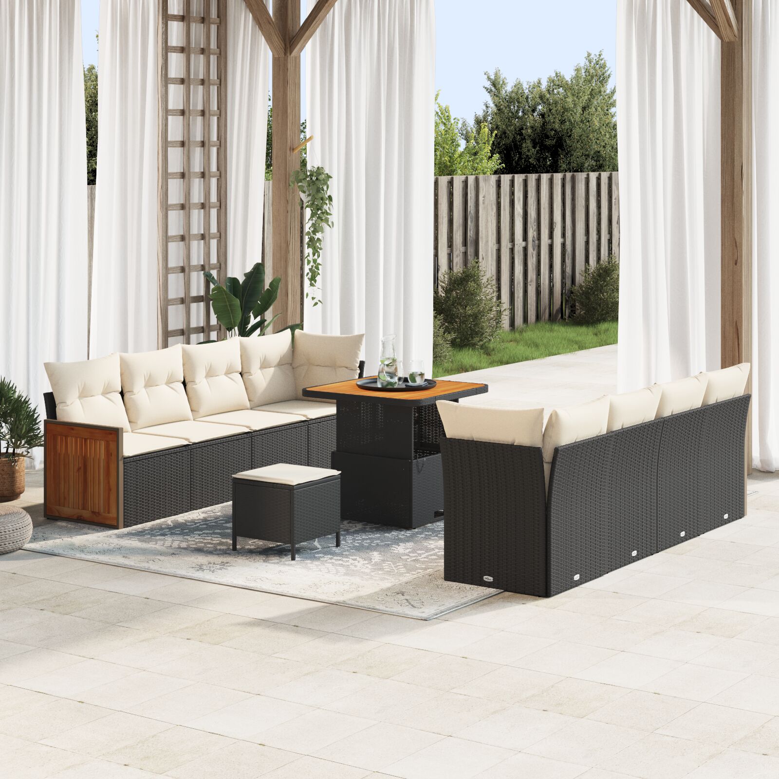 11-Delig Tuinbankset Met Kussens Zwart Poly Rattan Acacia, 2-Persoons Tuinbank Met Kussens Zwart Poly Rattan, 3-Delige Tuin Eetset Met Kussens Zwart Poly Rattan Acacia Wit