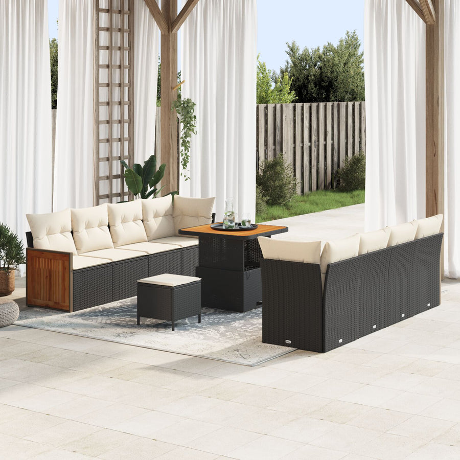 11-Delig Tuinbankset Met Kussens Zwart Poly Rattan Acacia, 2-Persoons Tuinbank Met Kussens Zwart Poly Rattan, 3-Delige Tuin Eetset Met Kussens Zwart Poly Rattan Acacia Wit