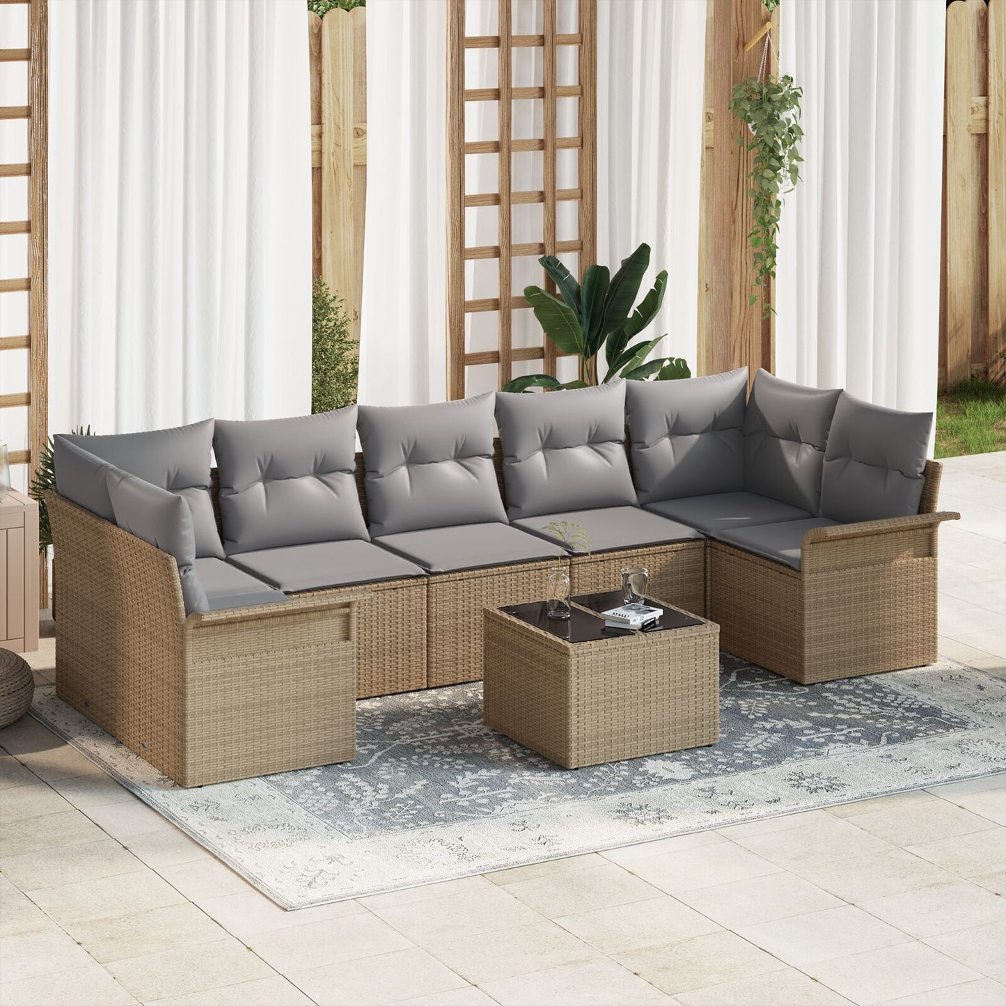 8-Delige Tuin Sofa Set Met Kussens Beige Poly Riet