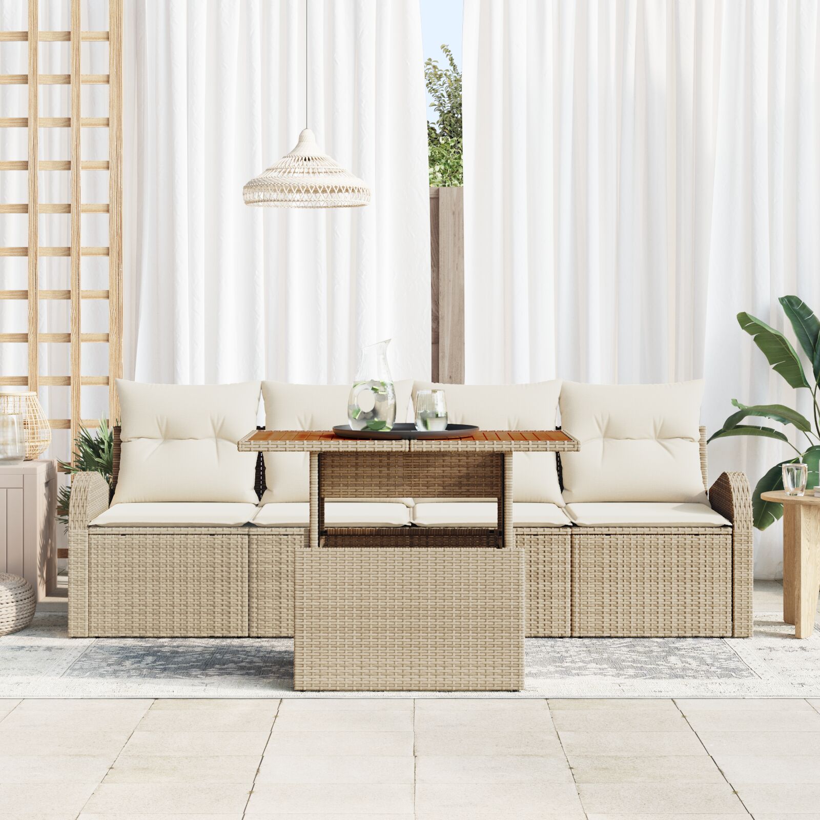 5-Delige Tuindining Set Met Kussens Beige Poly Rattan Acacia