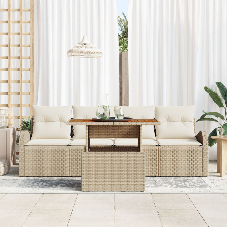 5-Delige Tuindining Set Met Kussens Beige Poly Rattan Acacia