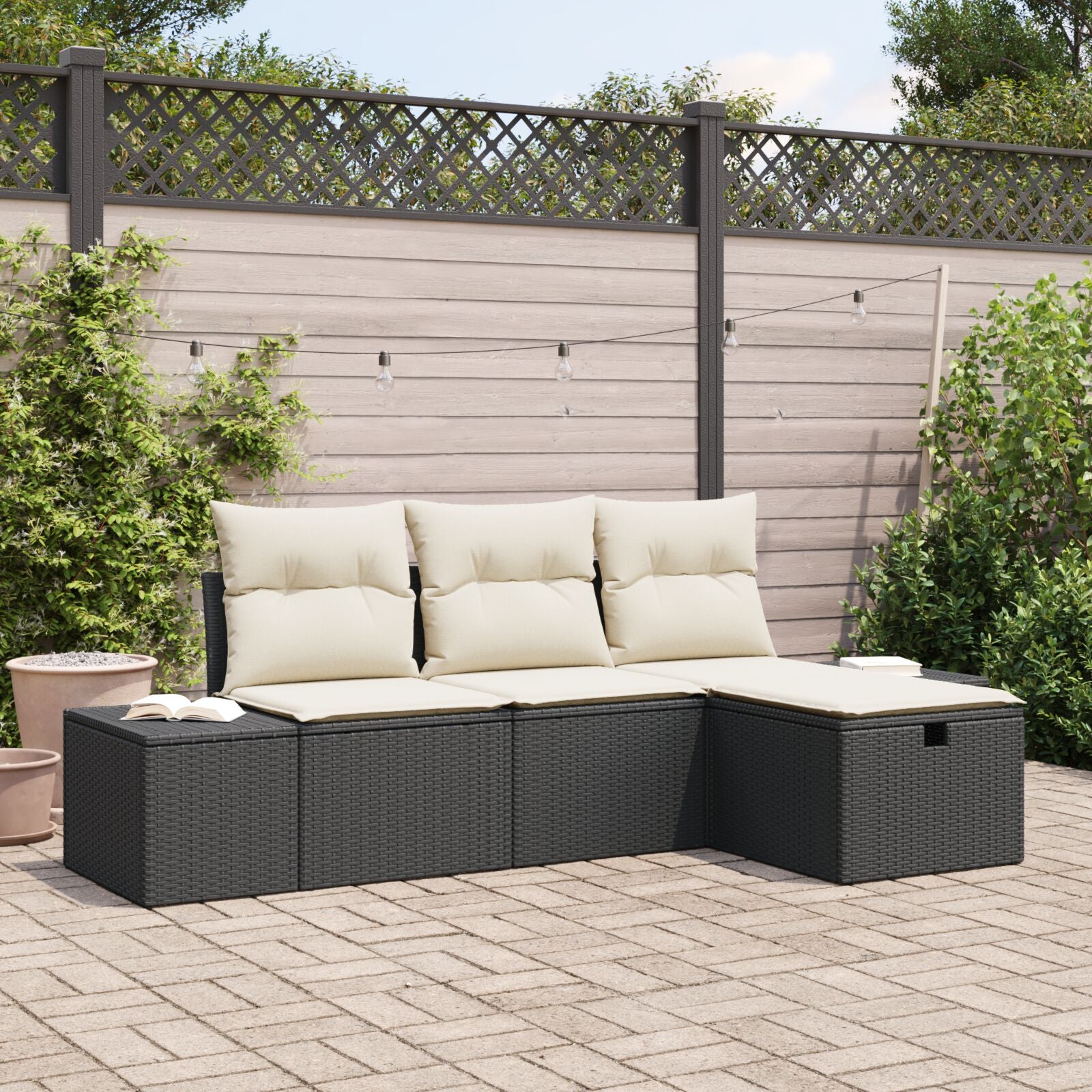 4-Delige Tuin Sofa Set Met Kussens Zwart Poly Rattan