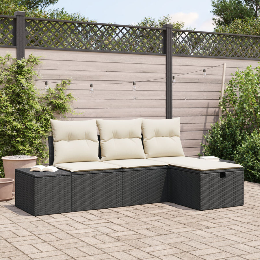 4-Delige Tuin Sofa Set Met Kussens Zwart Poly Rattan