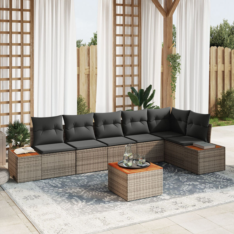 7 Delige Tuin Sofa Set Met Kussens Poly Rattan Acacia Grijs met tafel