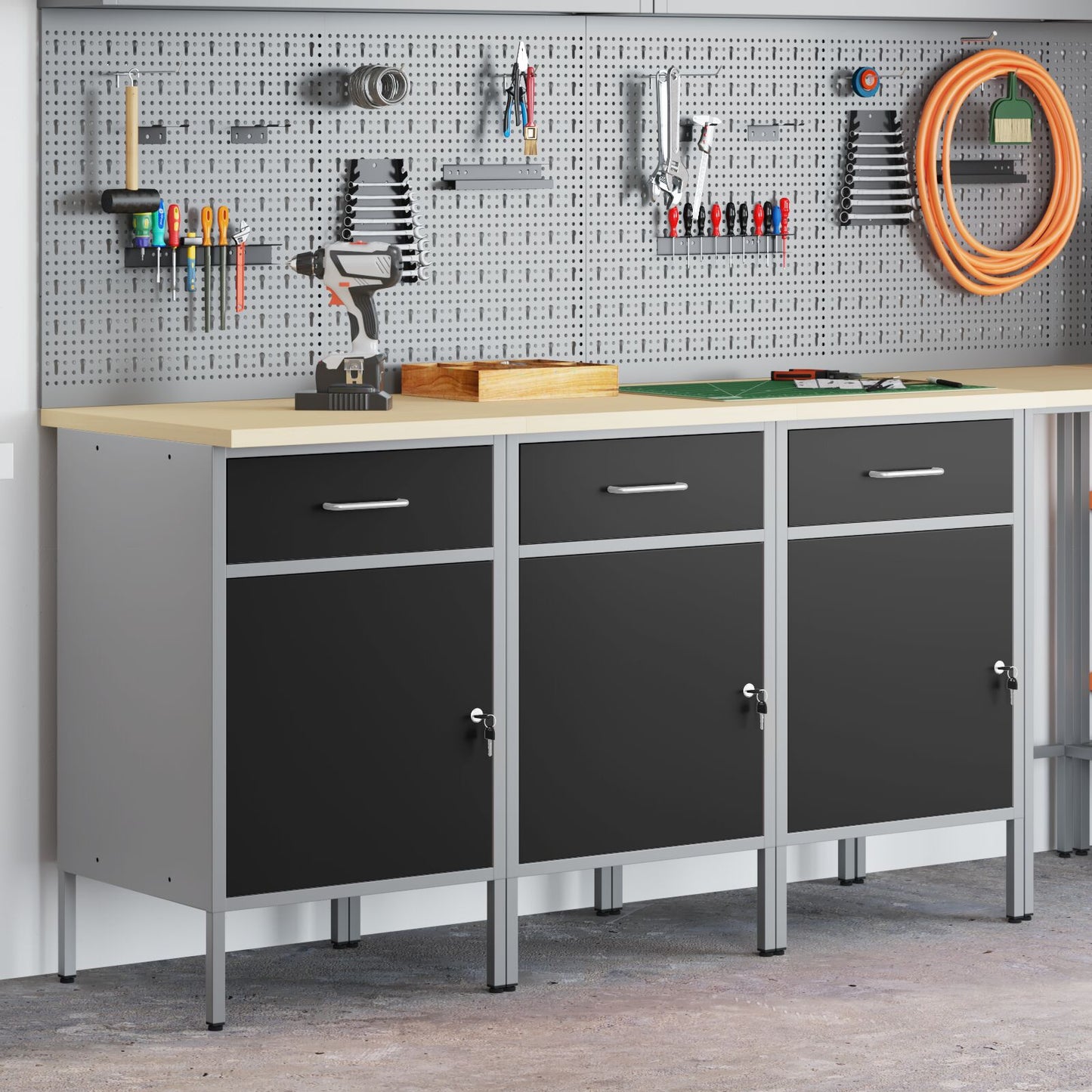 Werkcabinet 3-Delig En Grijs Gemaakt Van Geperst Hout En Staal 3x (84 cm) Zwart 3x kast