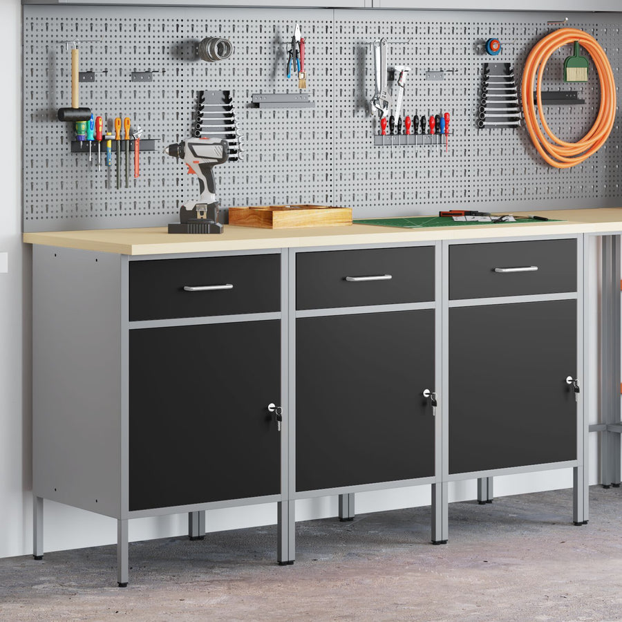 Werkcabinet 3-Delig En Grijs Gemaakt Van Geperst Hout En Staal 3x (84 cm) Zwart 3x kast