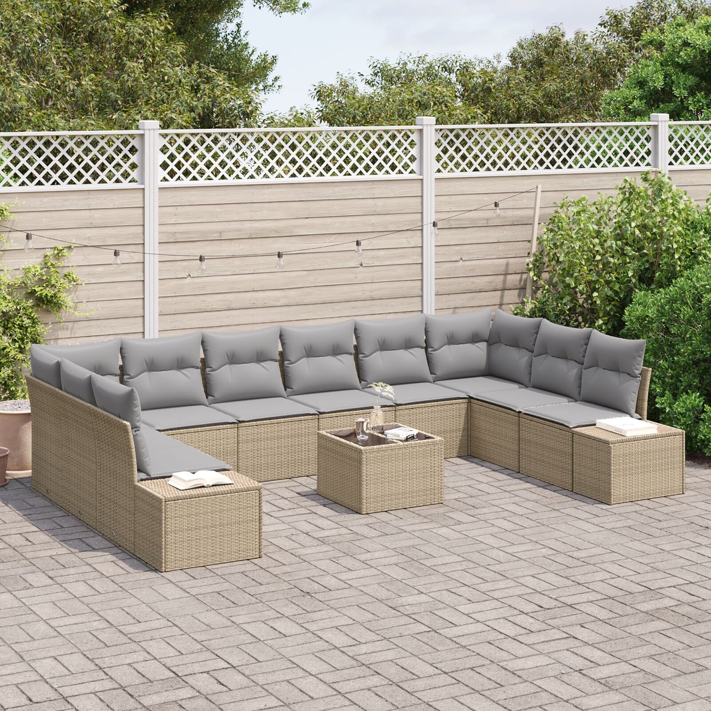 11-Delige Tuinbankset Met Kussens Zwart Poly Rattan Beige en grijs met tafel
