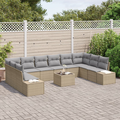 11-Delige Tuinbankset Met Kussens Zwart Poly Rattan Beige en grijs met tafel