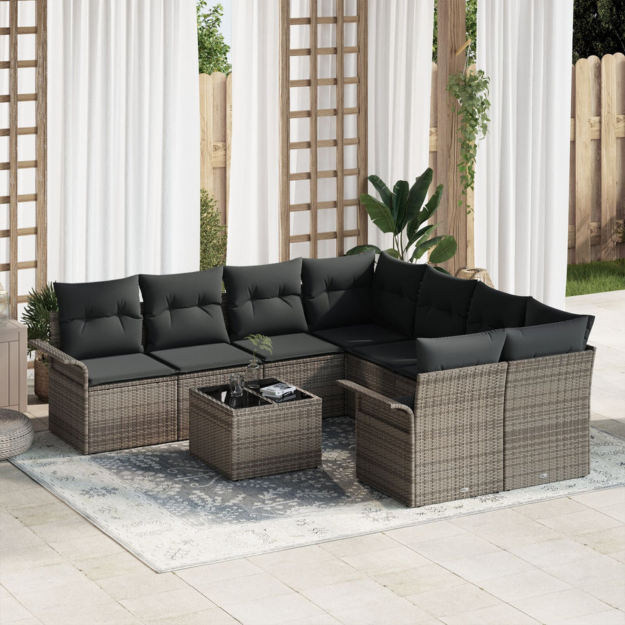 9-Delige Tuinsofa Set Met Kussens Grijs Poly Rattan