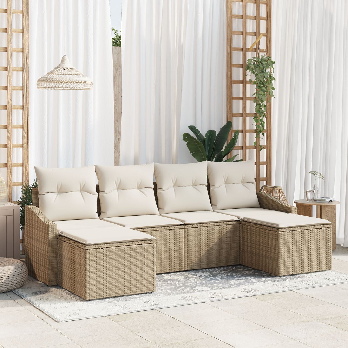 6-Delige Tuin Eetset Met Kussens Beige Poly Rattan