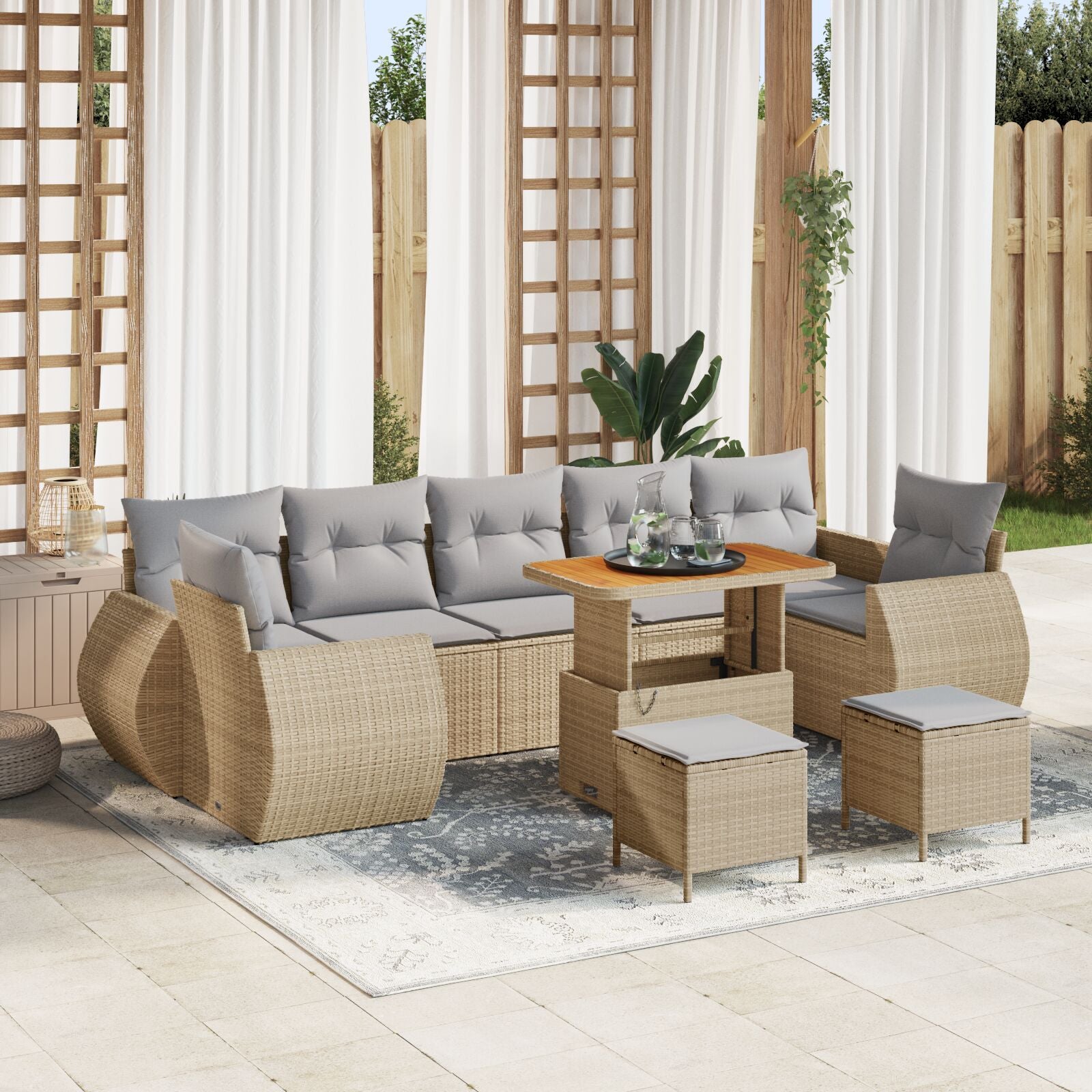 10-Delige Tuinsofa Set Met Kussens Beige Poly Riet Acacia, 3-Delige Tuin Eetset Met Kussens Beige Poly Riet Acacia Wit