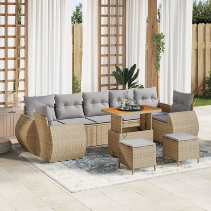 10-Delige Tuinsofa Set Met Kussens Beige Poly Riet Acacia, 3-Delige Tuin Eetset Met Kussens Beige Poly Riet Acacia Wit