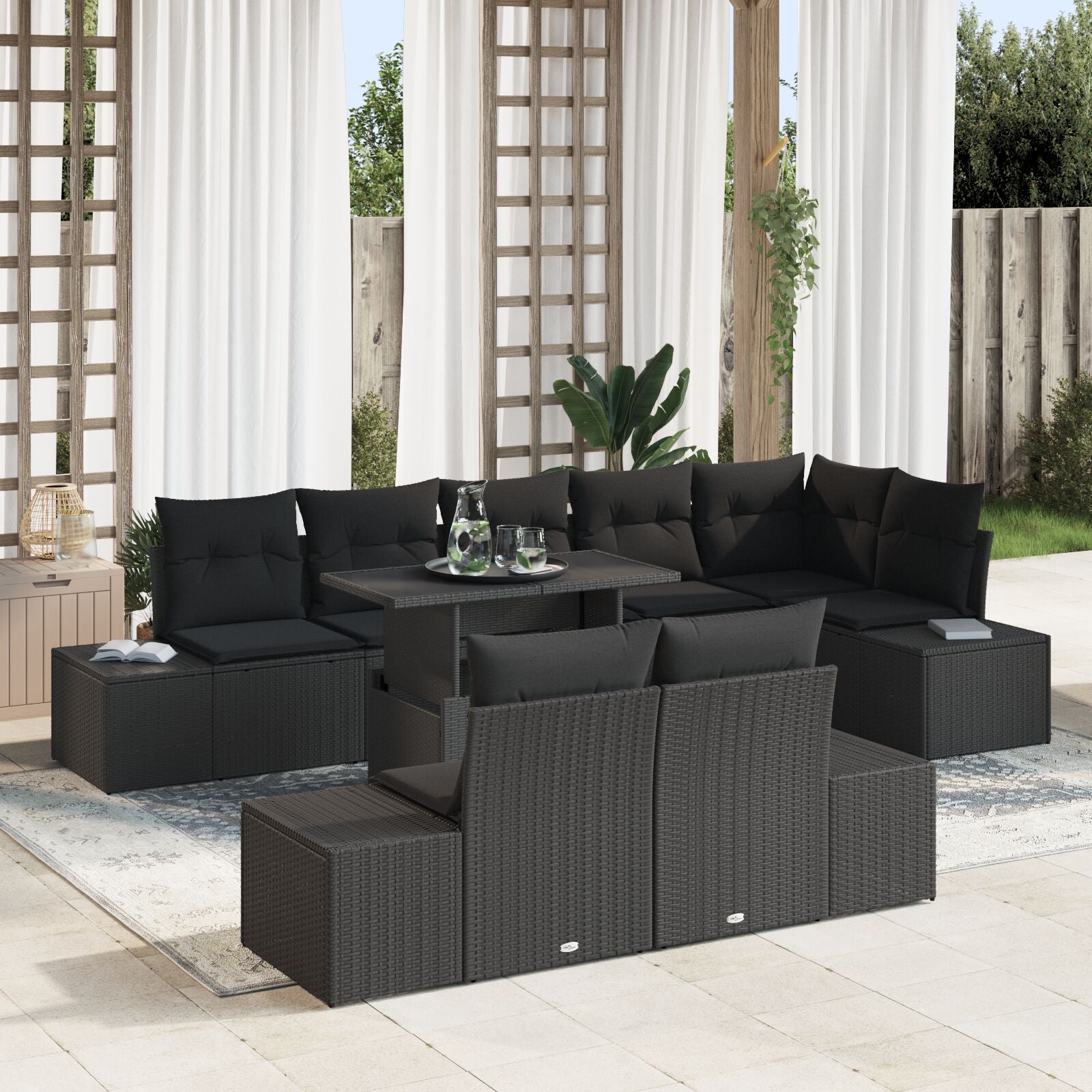 Tuinbank Set Set Van 9 Zwart Rattan Vlechtwerk, Stoffen Kussens