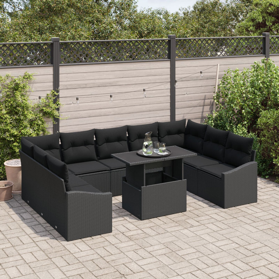 10-Delige Tuinsofa Set Met Kussens Zwart Poly Rattan