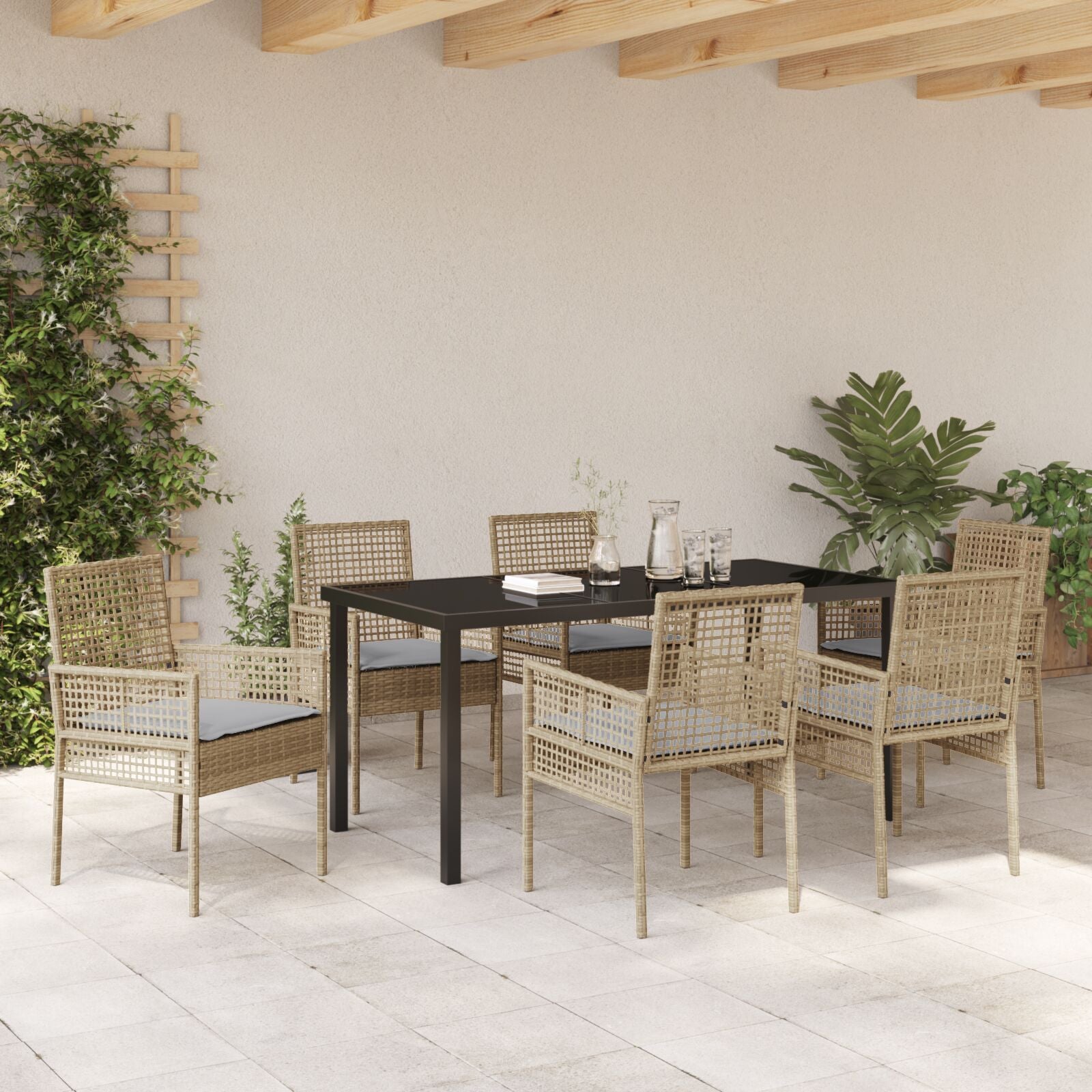 7-Delige Tuindining Set Met Kussens Beige Poly Rattan