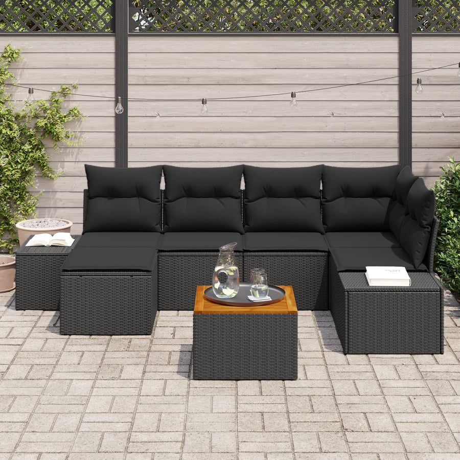 7-Delige Tuinbank Set Met Kussens Zwart Poly Rattan Acacia