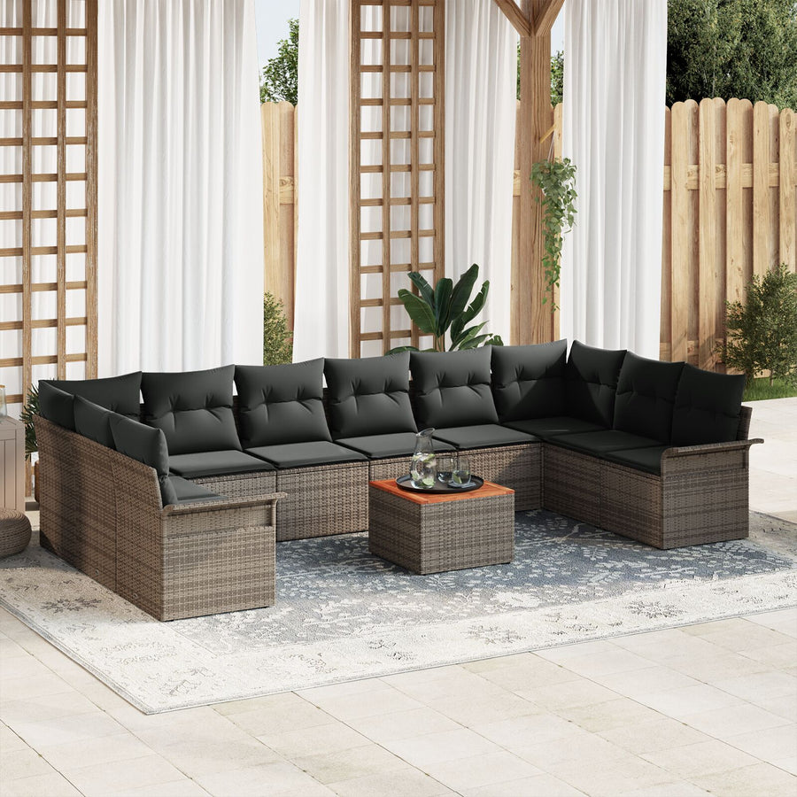 11-Delige Tuinbankset Met Kussens Grijs Poly Rattan Acacia