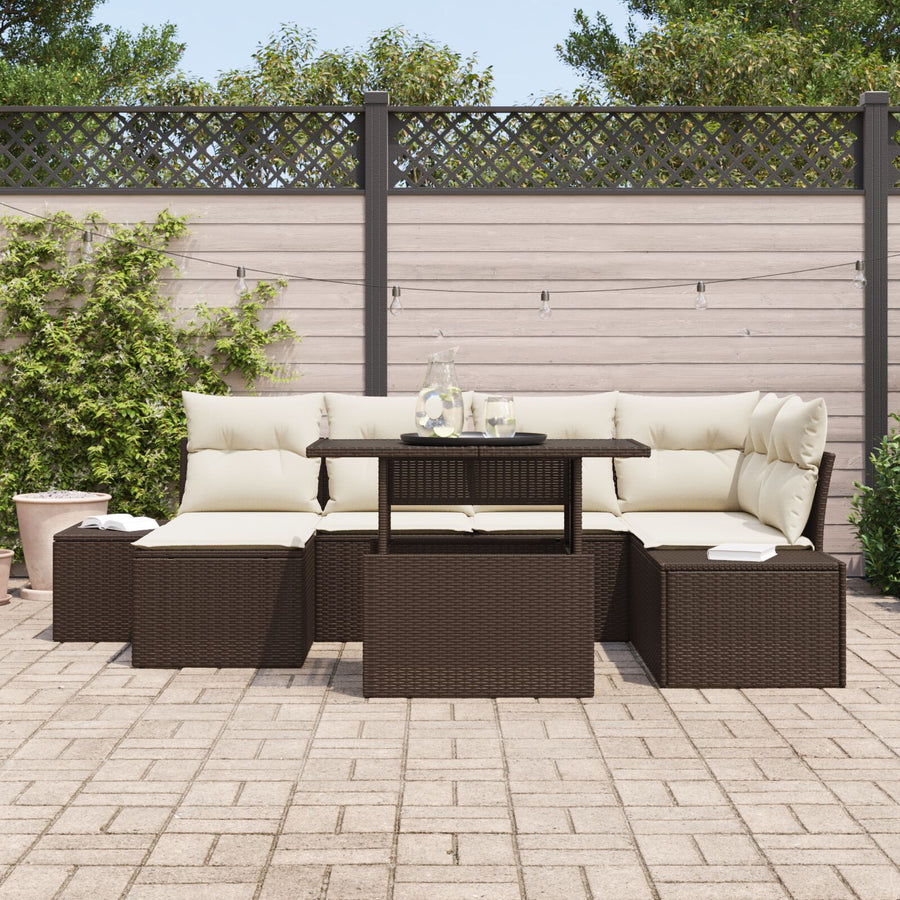 Tuin Bank Set Set Van 7 Bruin Rattan, Polyester Tuin Bank Set