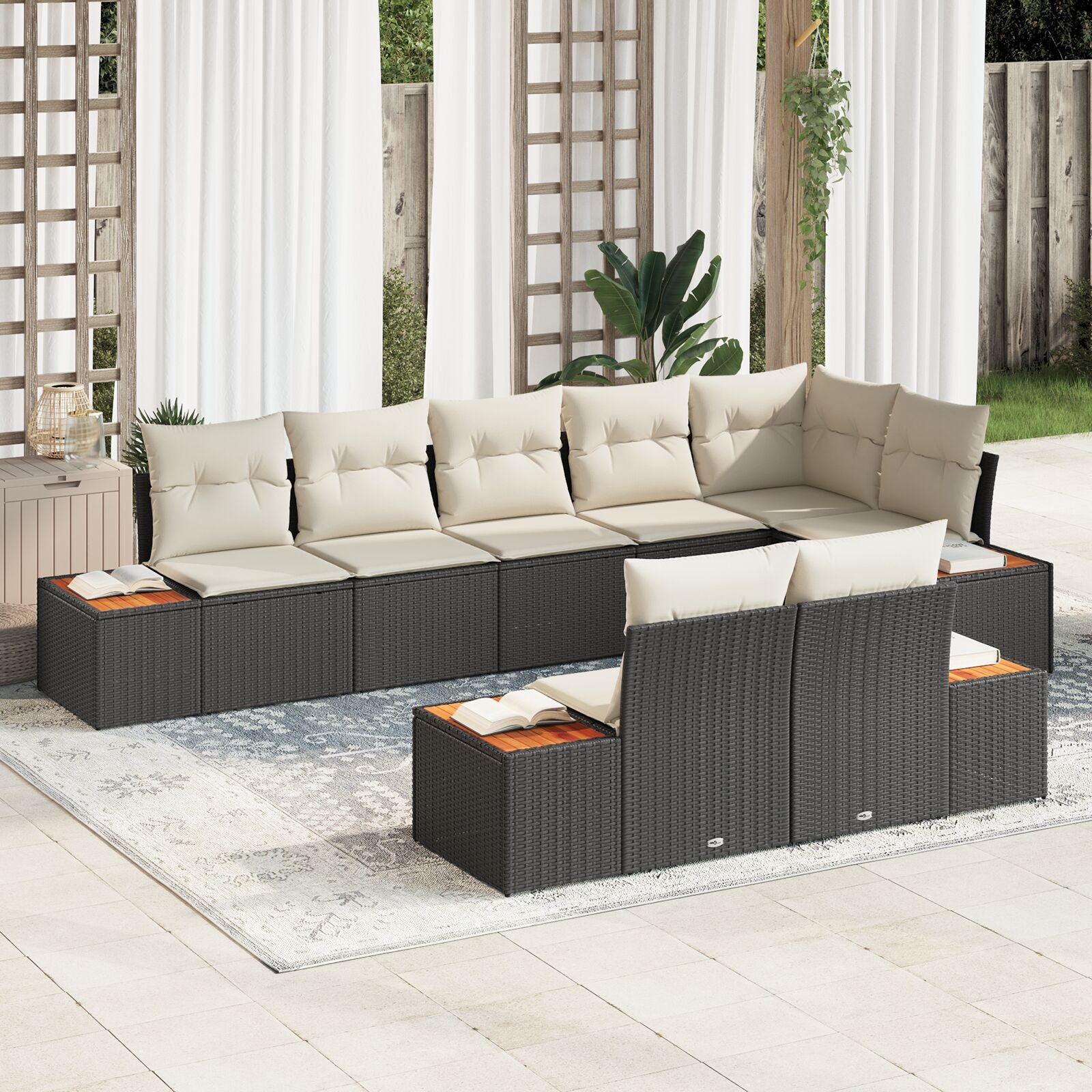 8-Delige Tuinsofa Set Met Kussens Zwart Poly Rattan Acacia