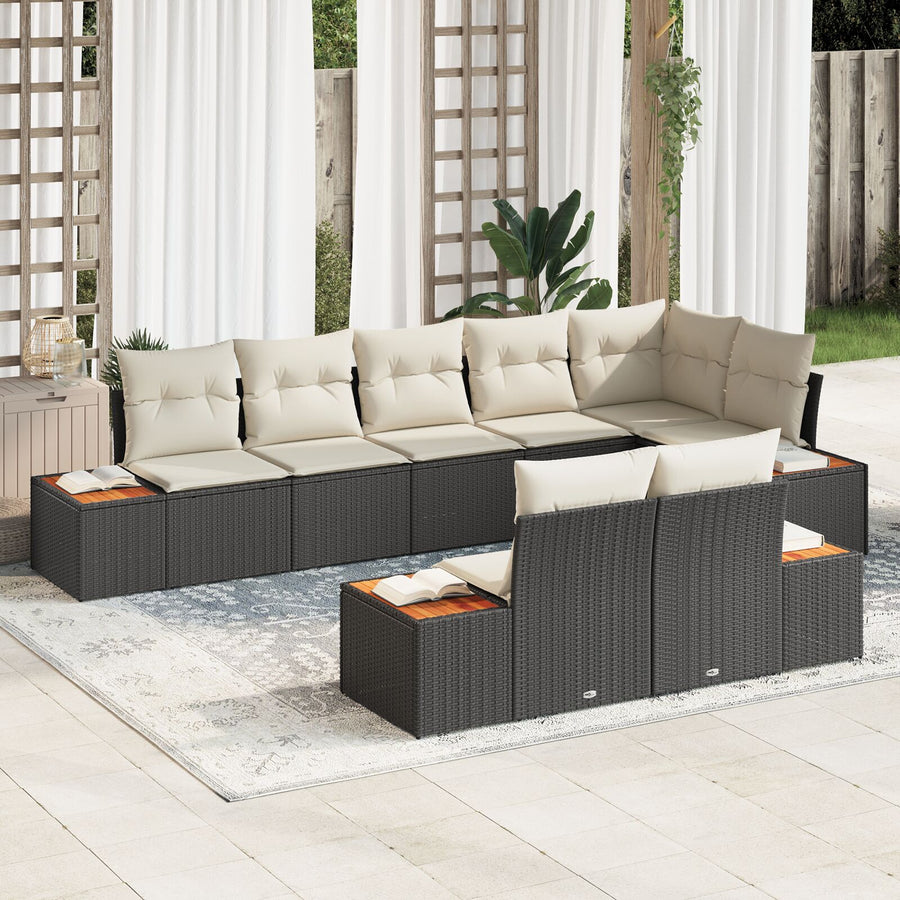 8-Delige Tuinsofa Set Met Kussens Zwart Poly Rattan Acacia