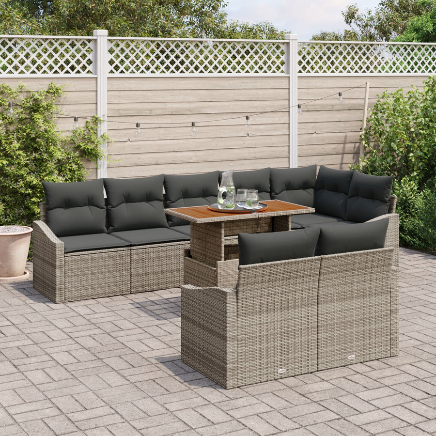 9-Delige Tuin Eetset Met Kussens Grijs Poly Rattan Acacia
