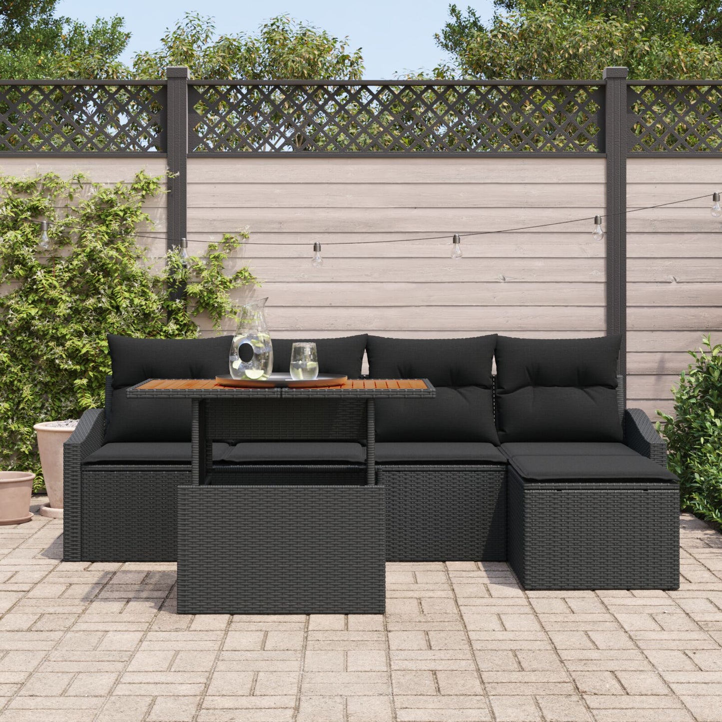 6-Delige Tuin Eetset Met Kussens Zwarte Poly Rattan Acacia