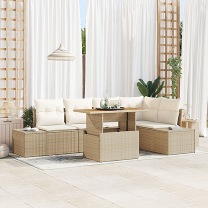 6 Delige Tuin Eettafel Set Met Kussens Beige Poly Rattan Acacia