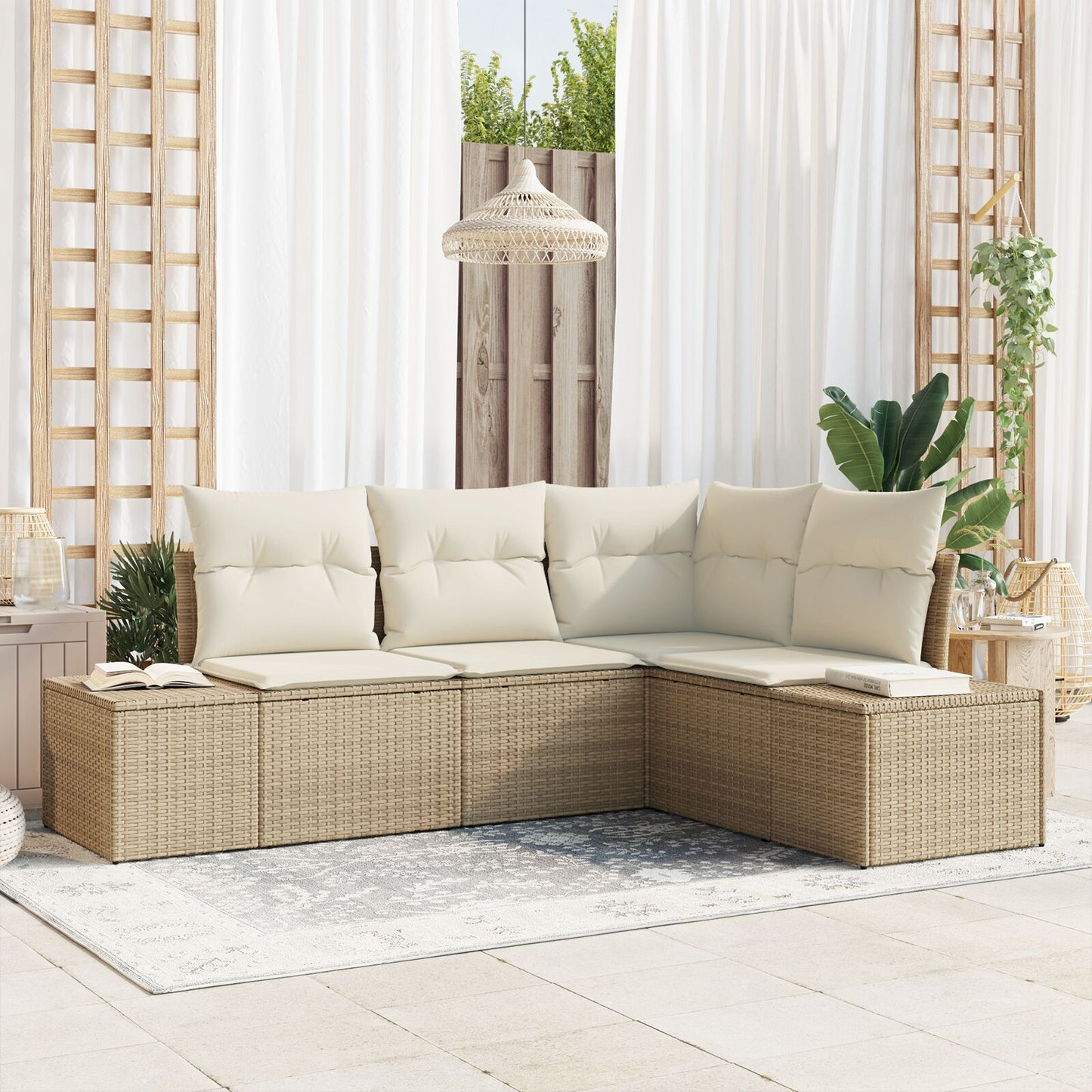 4-Delige Tuinsofa Set Met Kussens Poly Rattan Beige en wit zonder tafel