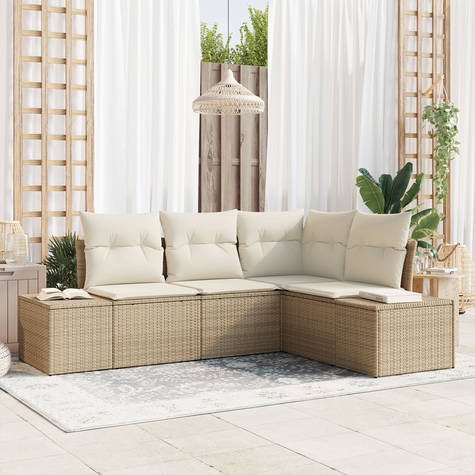 4-Delige Tuinsofa Set Met Kussens Poly Rattan Beige en wit zonder tafel