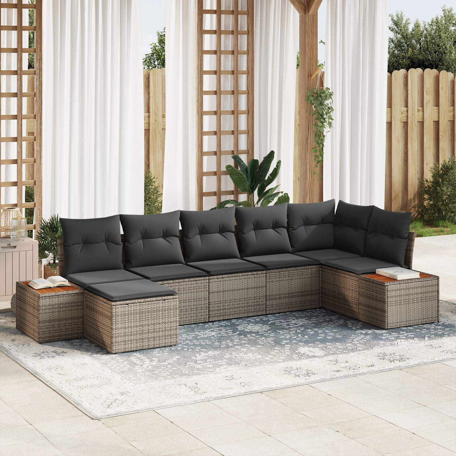 7-Delig Tuinbankstel Met Kussens Grijs Poly Riet Acacia