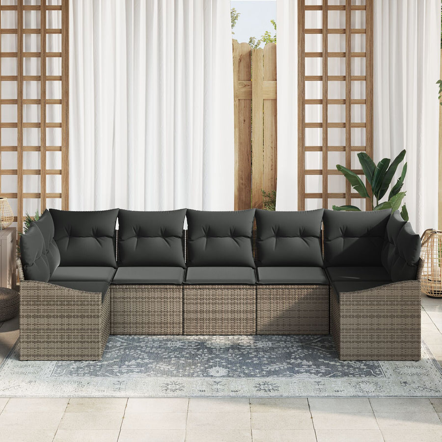7-Delige Tuin Eetset Met Kussens Grijs Poly Rattan