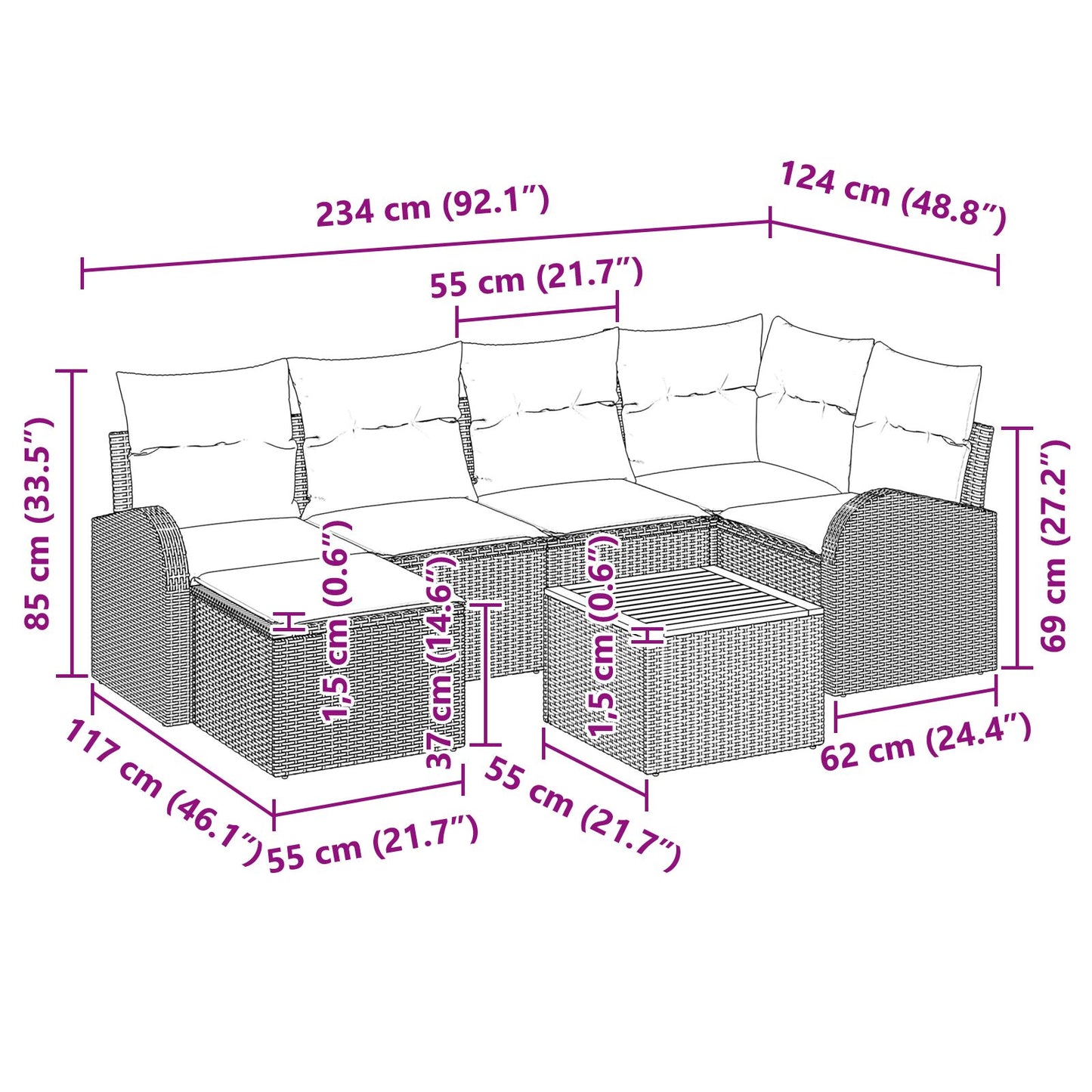 7-Delige Tuin Sofa Set Met Kussens Grijs Poly Rattan Acacia