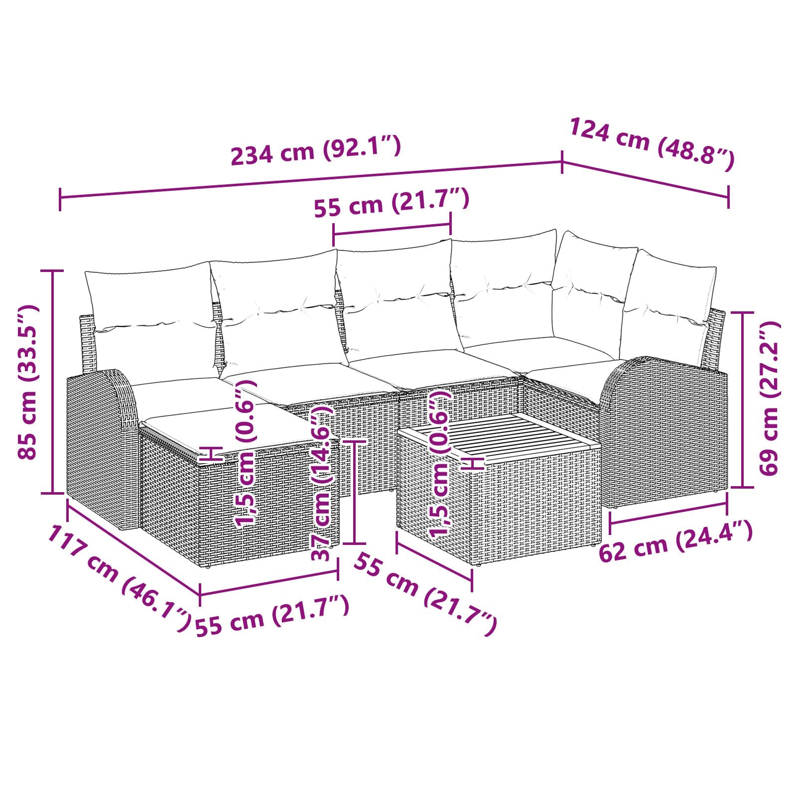 7-Delige Tuin Sofa Set Met Kussens Grijs Poly Rattan Acacia