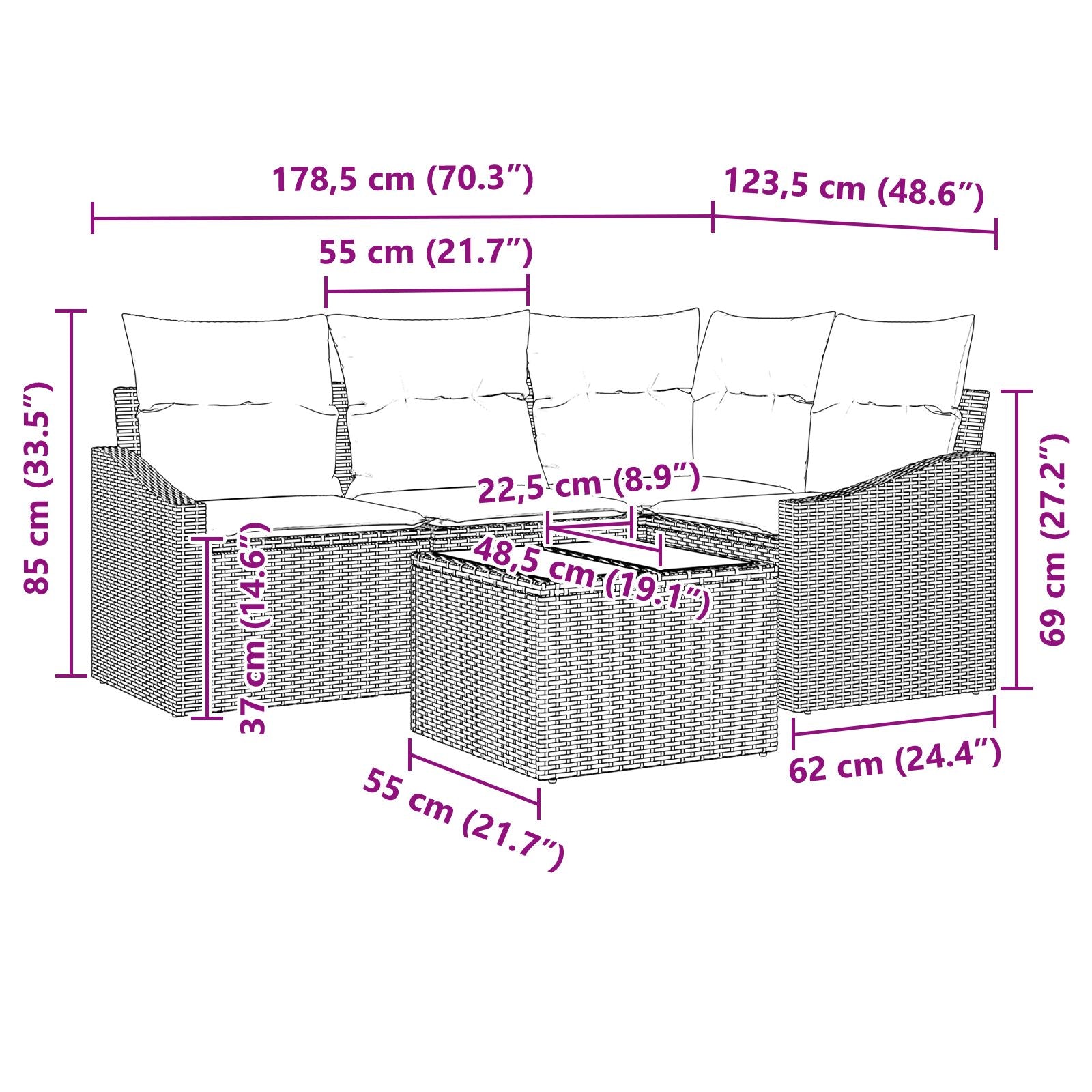 4-Delige Tuin Sofa Set Met Kussens Bruin Poly Rieten