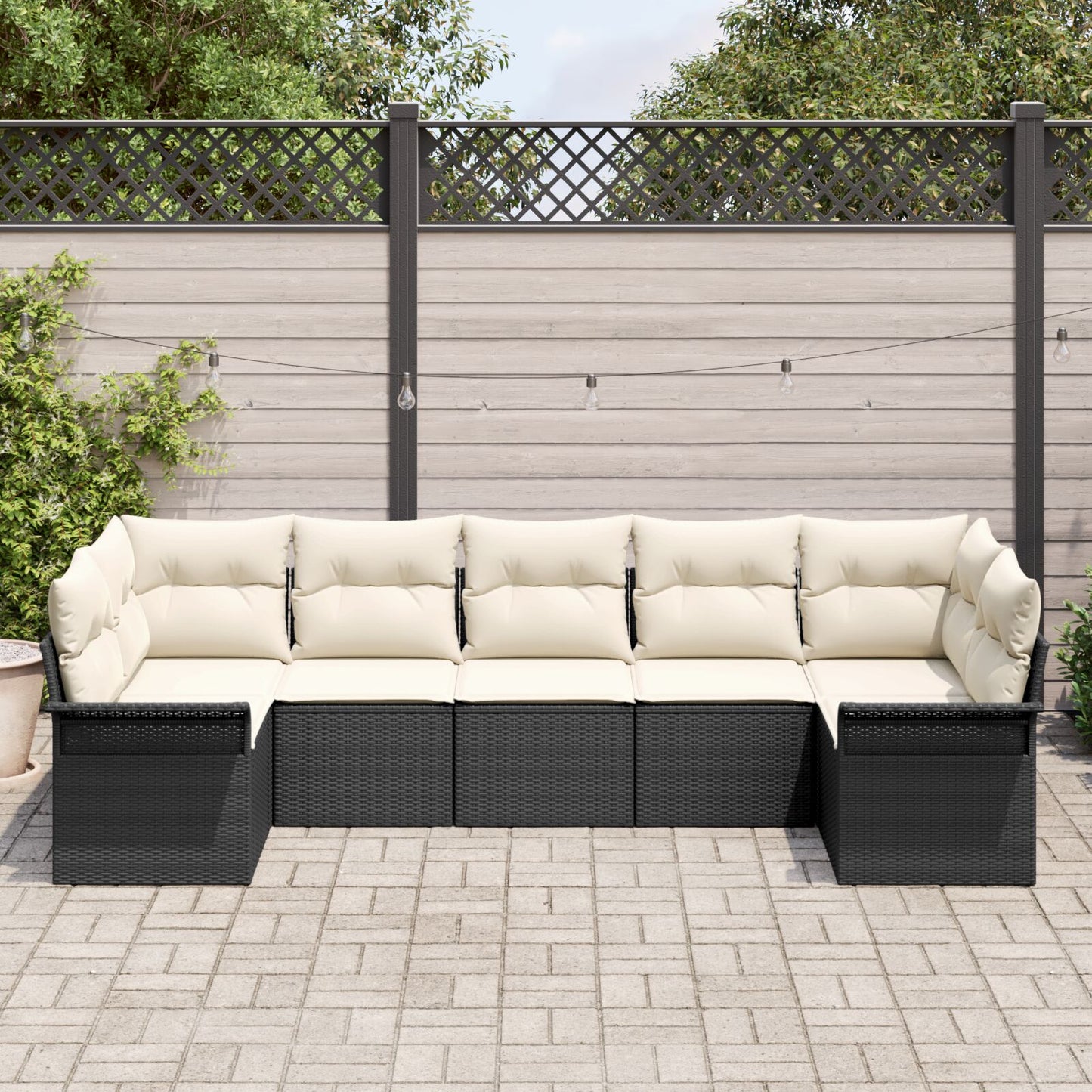 7-Delige Tuin Sofa Set Met Kussens Zwart En Crème Poly Rattan