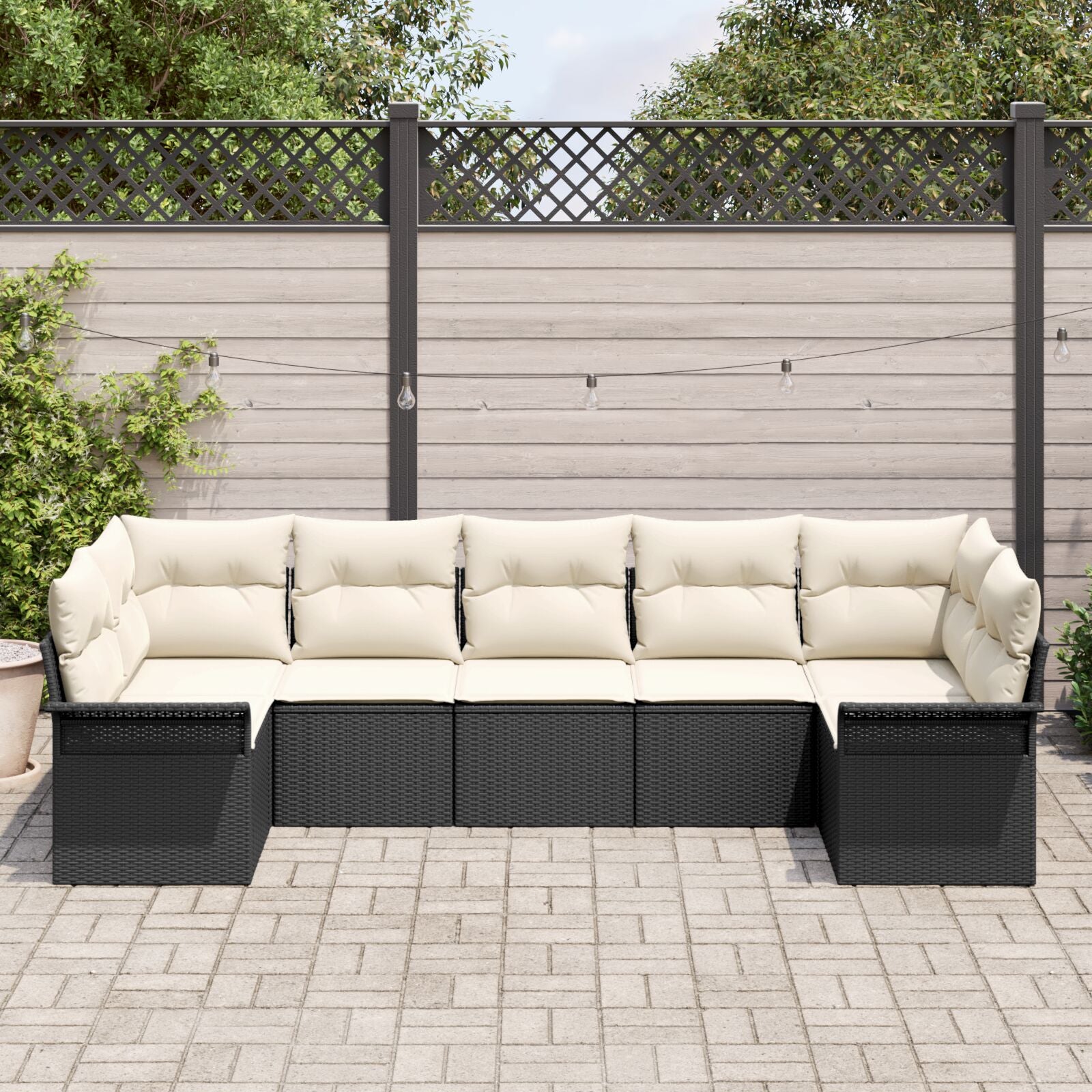 7-Delige Tuin Sofa Set Met Kussens Zwart En Crème Poly Rattan