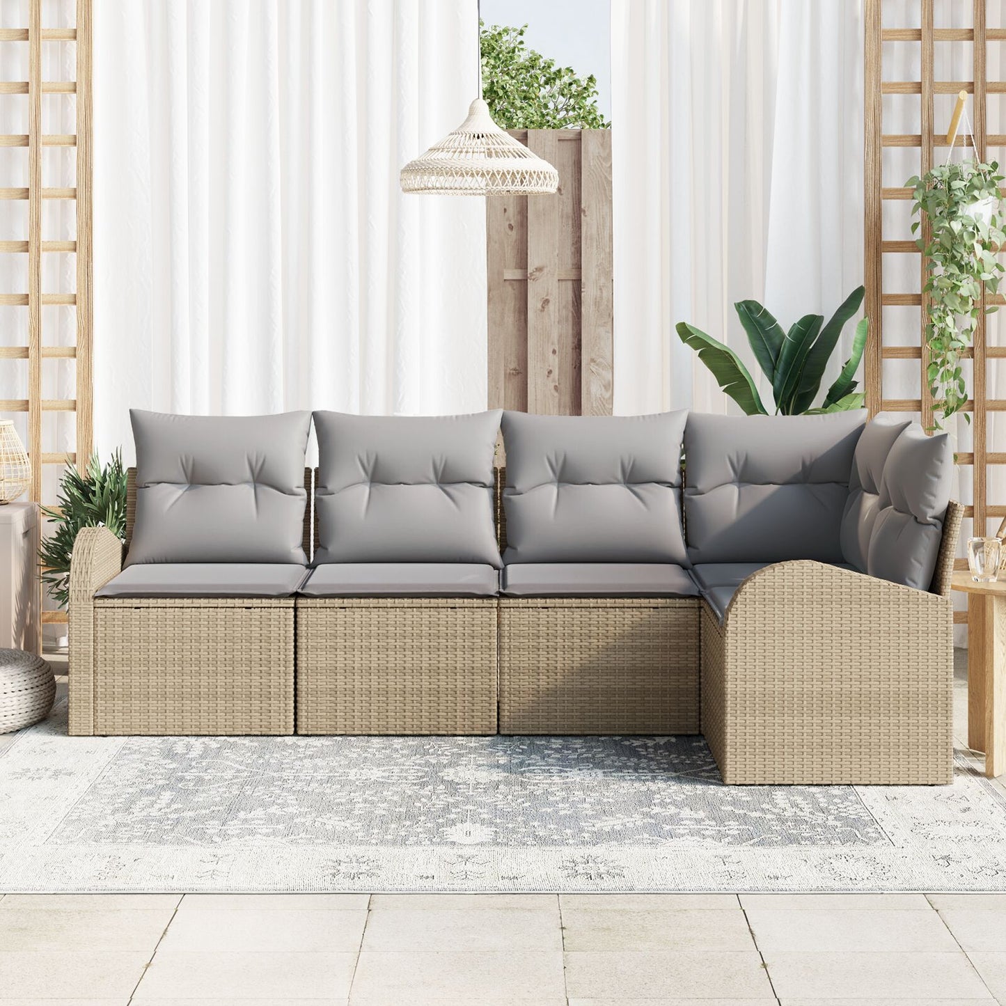 5-Delige Tuin Sofa Set Met Kussens Poly Rattan Beige en grijs zonder tafel