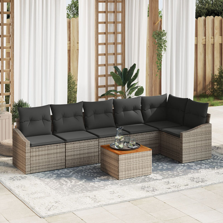 7-Delige Tuin Sofaset Met Kussens Grijs Poly Rattan Acacia