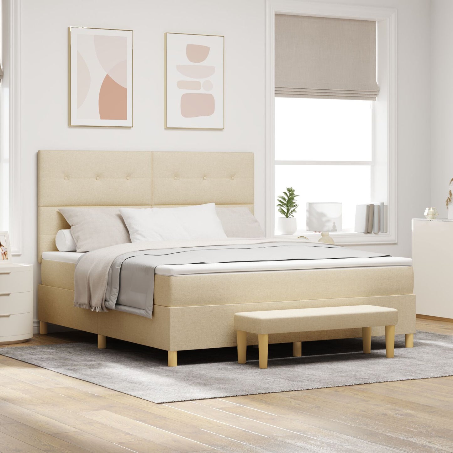 Boxspringbed Met Matras & Bank Stof Crème 180 x 200 cm Knoop tufted