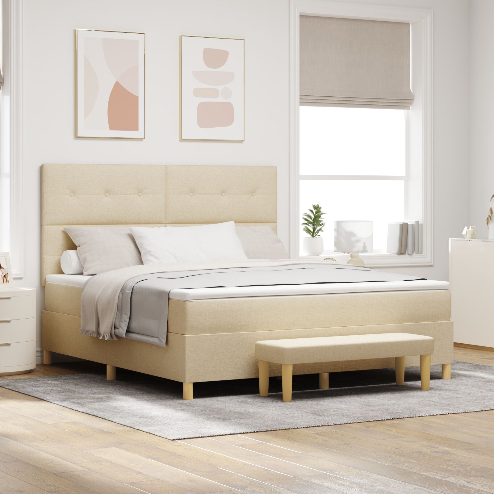 Boxspringbed Met Matras & Bank Stof Crème 180 x 200 cm Knoop tufted