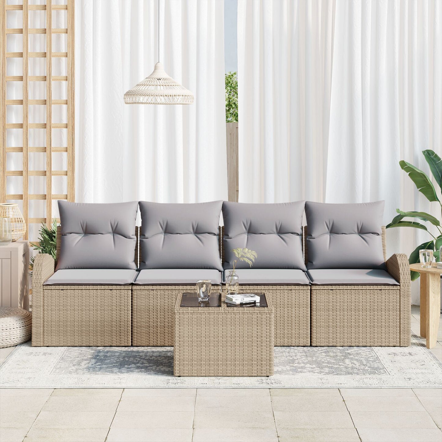 5-Delige Tuin Sofa Set Met Kussens Beige Poly Riet