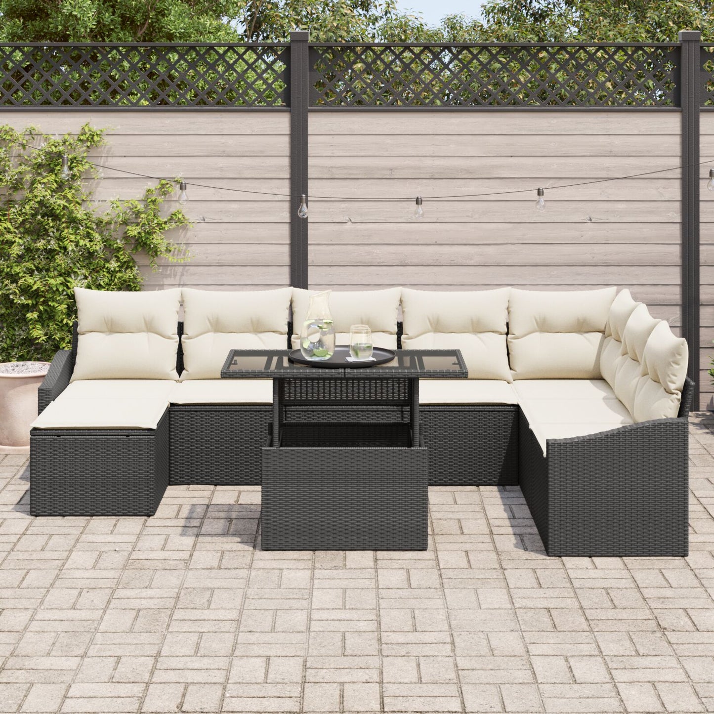 Tuin Sofa Set 9-Delige Set Wit Rattan, Polyester, Glas