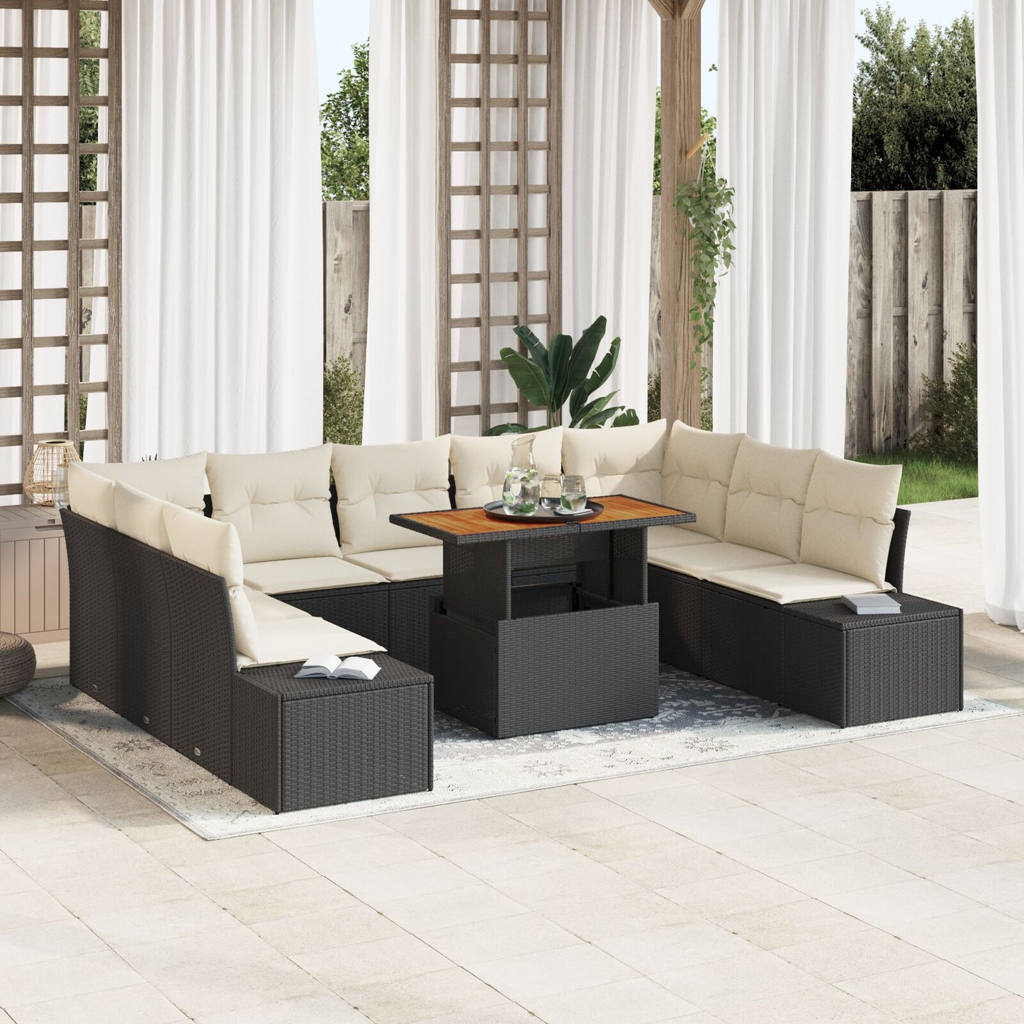 10-Delige Tuin Sofa Set Met Kussens Zwart Poly Rattan