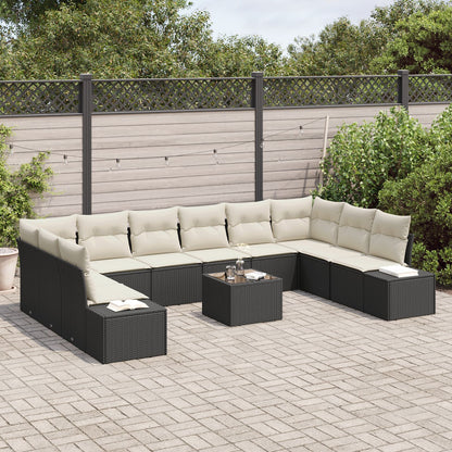 10-Delige Tuinsofa Set Met Kussens Bruin Poly Rattan Zwart en crème met tafel