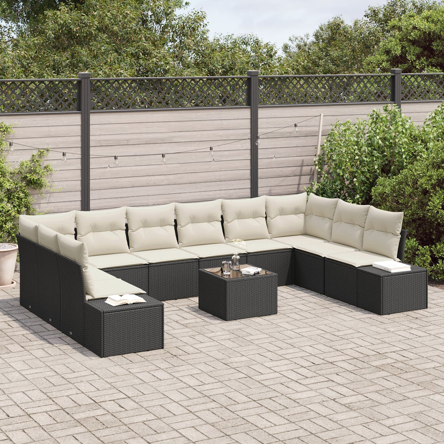 10-Delige Tuinsofa Set Met Kussens Bruin Poly Rattan Zwart en crème met tafel